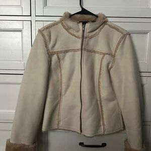 Dkny Cream Teddy Jacket with High Collar and Zip-Up Design
